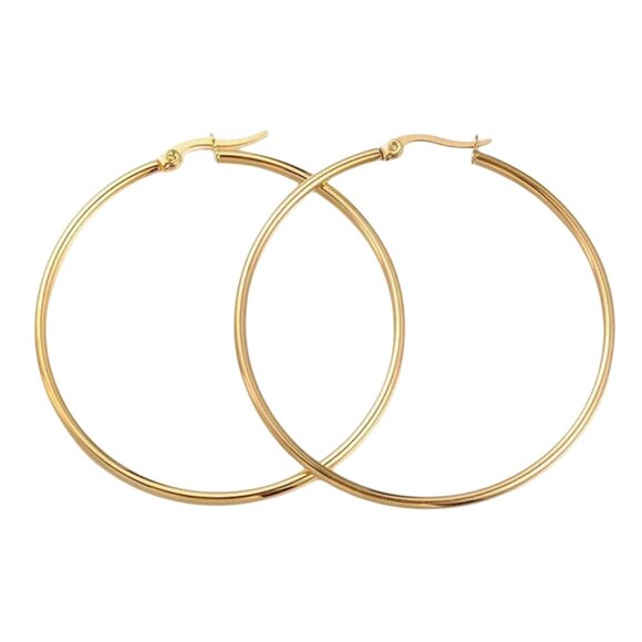 2 Inch 50mm Thin Hoop Pierced Post Earrings Gold Tone 2mm Band - Picture 1 of 4